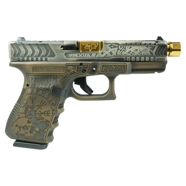 Glock 19 Gen 3 Custom "Viking Engraved Colonial Brown" Handgun 9mm Luger 15rd Magazines (2) 4.60" Zaffari Precision Threaded Barrel Austria