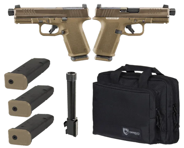 RUGER RXM TACTICAL BUNDLE 9MM PISTOL 4" THREADED, 2 TONE FDE O.R. RANGE BAG, 3-15RD MAGS